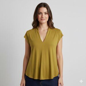 Alembika Chartreuse V-Neck High-Low Top - Artsy Lagenlook Tunic - Size 2 - US 8